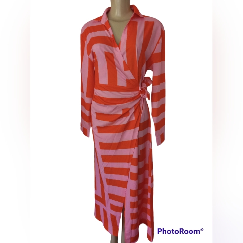 Orange Pink Lond Sleeves Pull Over Dress